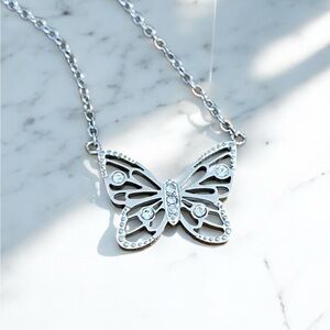 Stainless Steel & Cubic Zirconia Butterfly Necklace New